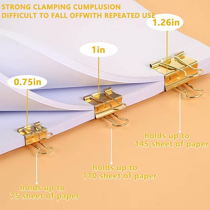 Gold Binder Clips Paper Clamps, Assorted Sizes Set (Large-20, Small-12, Medium-10,) 42 pcs Clips for Office School and Home Supplies, The Perfect Match for Those who Love The Golden Style