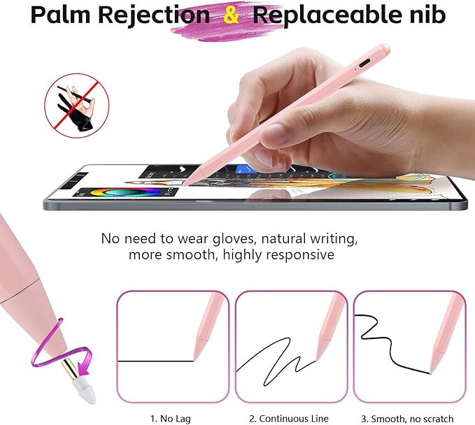 Stylus Pen for iPad A16 Pen with Fast Charging, QLAYA 1st Generation Pencil for iPad 11/10/9/8/7/6, iPad Air 3/4/5/M2/M3, iPad mini 6/7, iPad Pro 12.9/11/13 inch M4/M5, Tilt Sensitivity, Pink