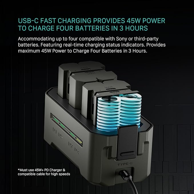Tilta NP-FZ100 Portable Charging Station - Green | Charge 4 Batteries w/USB-C PD 45W Fast Charge | Safe for A6600, A6700, A7C, A7III, A7IV, A7RIII/IV, A7S Il, FX3,FX30,A1,ZV-E1