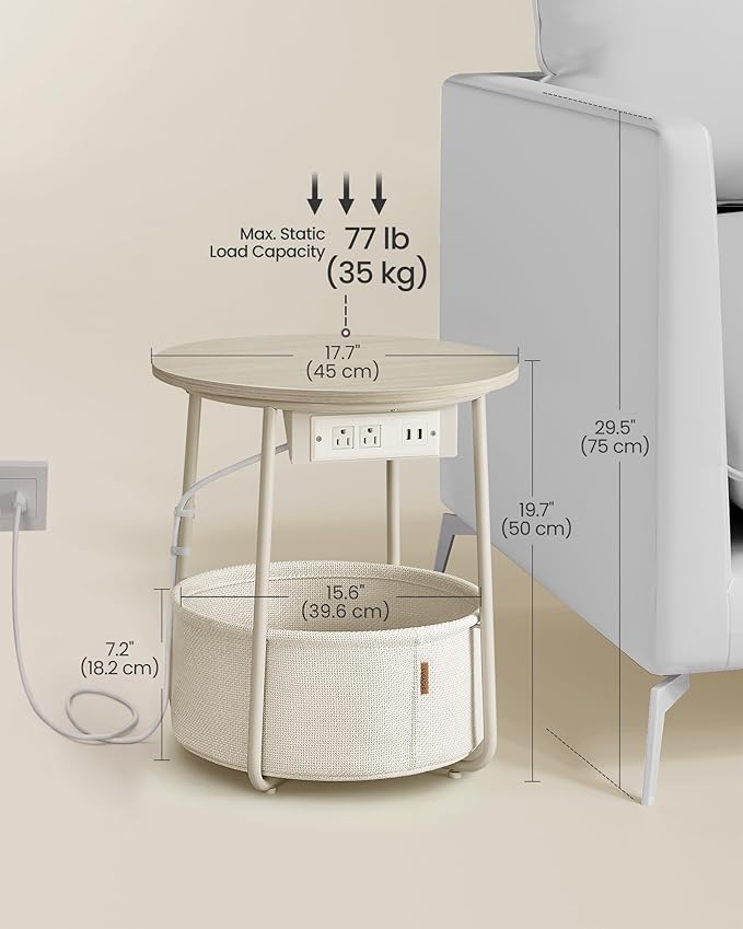 VASAGLE LILEA Collection - Side Table with Charging Station, Round End Table with Fabric Basket, Nightstand with USB Ports, for Living Room, Bedroom, Modern, Cream White ULET228N01