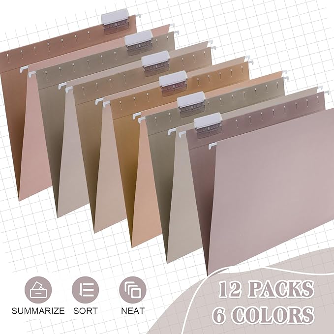 12 Pack Decorative Hanging File Folders, Letter Size with Tab, 6 Color Assorted for Filing Cabinet Office Supplies(Neutral Color)