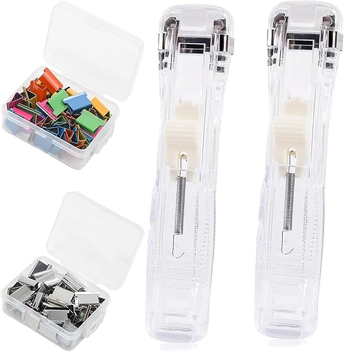 Portable Binder Clip Stapler, Includes 100 Reusable Clips, Handheld Paper Clam Clip Dispenser Large Size, Mini Push Stapler Clamp Staplers for Desktop Document Home School Desk Office(White*2)