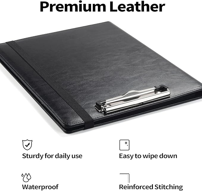 Sooez Premium PU Leather Padfolio Clipboard with Notepad, Letter Size, Black
