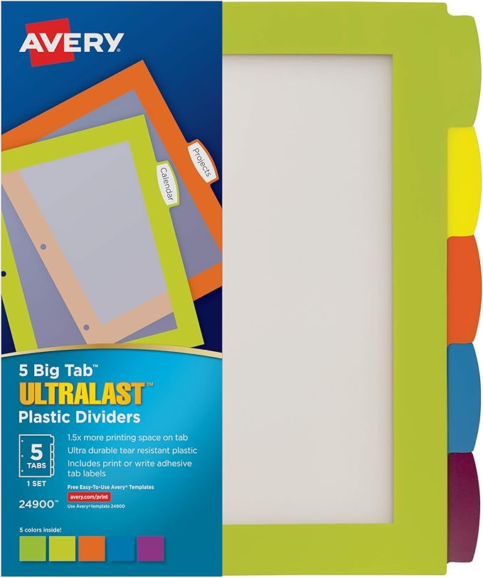 Avery Ultralast Big Tab Plastic Dividers for 3 Ring Binders, 5-Tab Set, Multicolor with White Labels, 1 Set (24900)