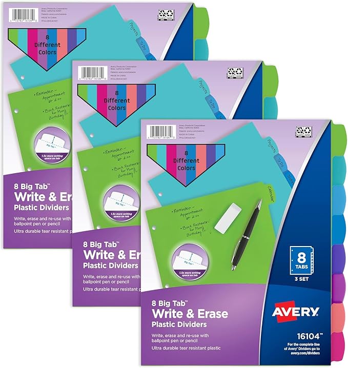 Avery Write & Erase 8 Tabs Pastel Plastic Divider for 3 Ring Binders, 3 Sets (8 Colors)
