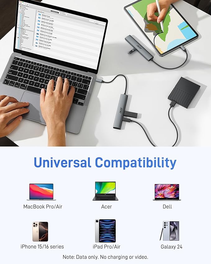 Acer USB C Hub, 10Gbps Type C Splitter with 4 USBC 3.2 Port, High Speed Type C Multiport Adapter for iPad MacBook Pro, iPhone 16/15, Surface Pro and More【Not Support Monitor or Charging】