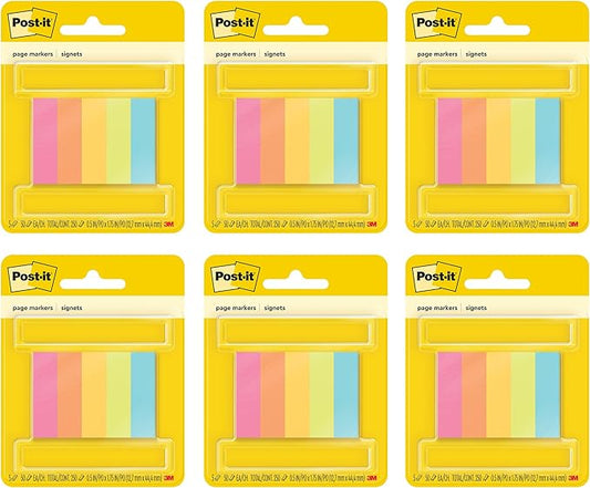 Post-it Page Markers Sticky Tabs for Books/Documents, Assorted Rainbow Colors, (670-5AF) 0.5 in x 1.75 in (12.7 mm x 44.4 mm), 50 Sheets/Pad, 5 Pads/Pack, 6-Pack