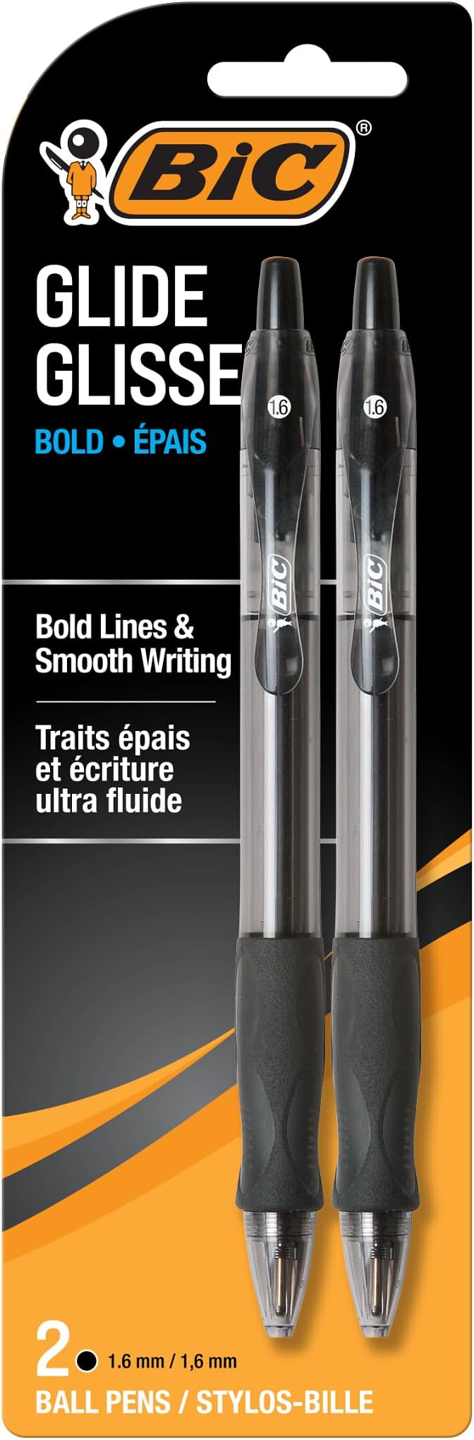 BIC Glide Bold Black Ballpoint Pens, Bold Point (1.6mm), 2-Count Pack, Retractable Ballpoint Pens With Comfortable Full Grip