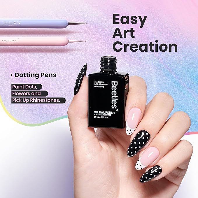 Beetles White Gel Nail Polish Black Gel Polish with Nail Art Brushes Set, 6 Pcs Nails Art Pens Dotting Pen Clean Up Liner French Nails Tools with Palette Brush Holder DIY Manicure Design Set