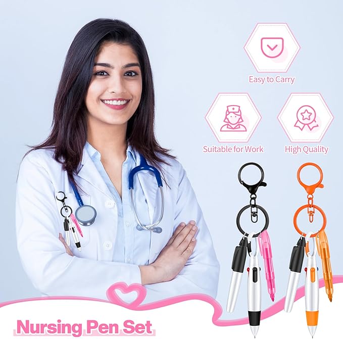 Sabary Mini Highlighter Nurse Pen Pack Set Nurse Pens for Badge Include Pink and Purple Tip Highlighter 2 Permanent Marker and 2 Retractable Ball with 2 Keychain Clip(Pink, Orange)
