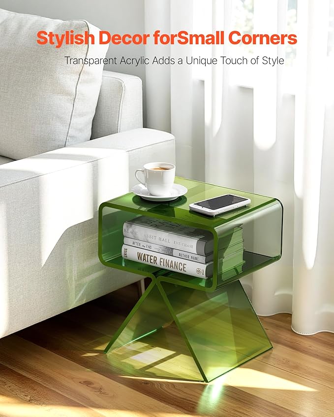 VEVOR Acrylic Nightstand Side Table, Modern Clear End Table with Storage Shelf, Transparent Small Bedside Table for Bedroom, Home Decor, Living Room, No Assembly Needed, Green