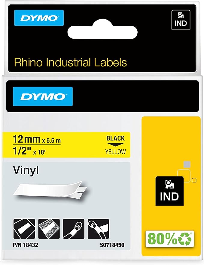 DYMO Rhino Industrial Vinyl Labels, 1/2", Black Print on Yellow Tape