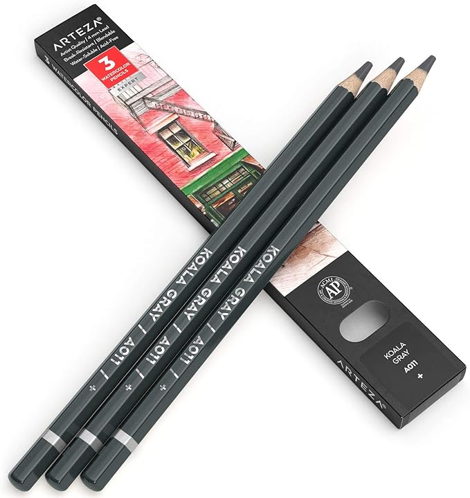 Arteza Professional Watercolor Pencils, Pack of 3, А011 Koala Gray, Water-Soluble Pencils for Coloring, Blending, Layering & Watercolor Techniques