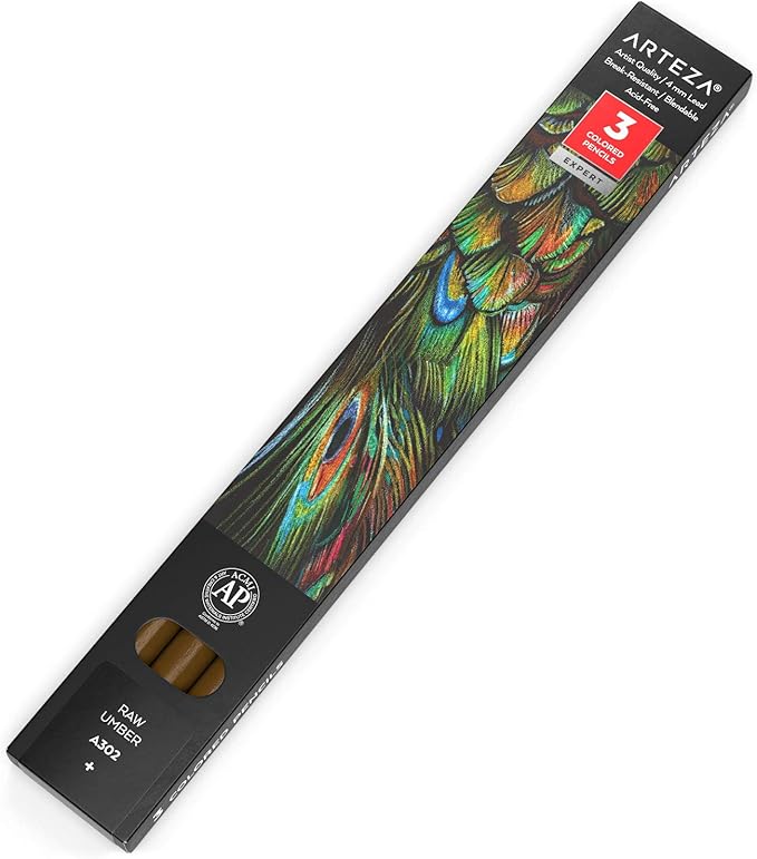 ARTEZA Colored Pencils, Pack of 3, А302 Raw Umber, Soft Wax-Based Cores, Ideal for Drawing, Sketching, Shading & Coloring