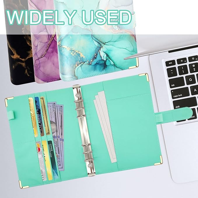 A5 Refillable 6 Ring Faux Leather Budget Binder,Mini Notebook Binder Cover for A5 Filler Paper,Loose Leaf Personal Planner Cover with Magnetic Buckle Closure (Marble Green)
