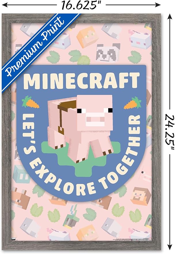 Trends International Minecraft - Let's Explore Together Wall Poster, 22.4L x 14.7W, Barnwood Framed Version
