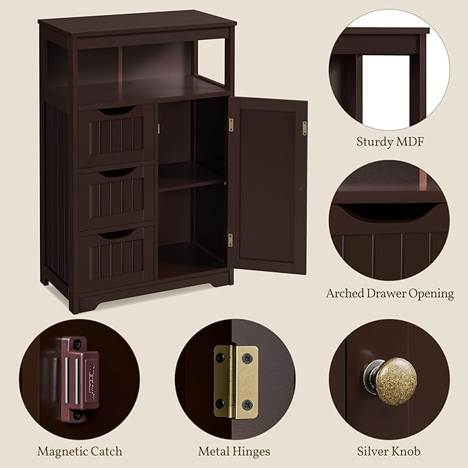 Yaheetech Wood Bathroom Floor Cabinet with 3 Drawers &1 Cupboard, Free Standing Storage Organizer Hallway Entryway Cabinet for Living Room Kitchen, Espresso