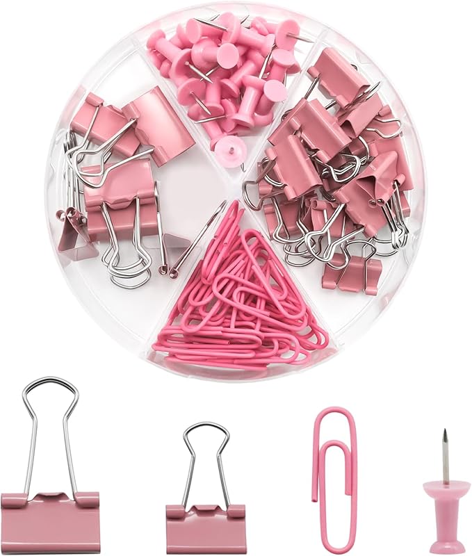 Office Supplies Set, Paper Clips, 72 Pcs, Push Pins and Binder Clips Set with Box for Office, School and Home(Pink)