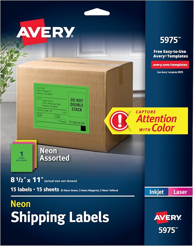Avery Printable Shipping Labels, 8-1/2" x 11", Assorted Neon Colors (Magenta, Green, and Yellow), Laser & Inkjet Compatible, 15 Blank Labels Total (5975)