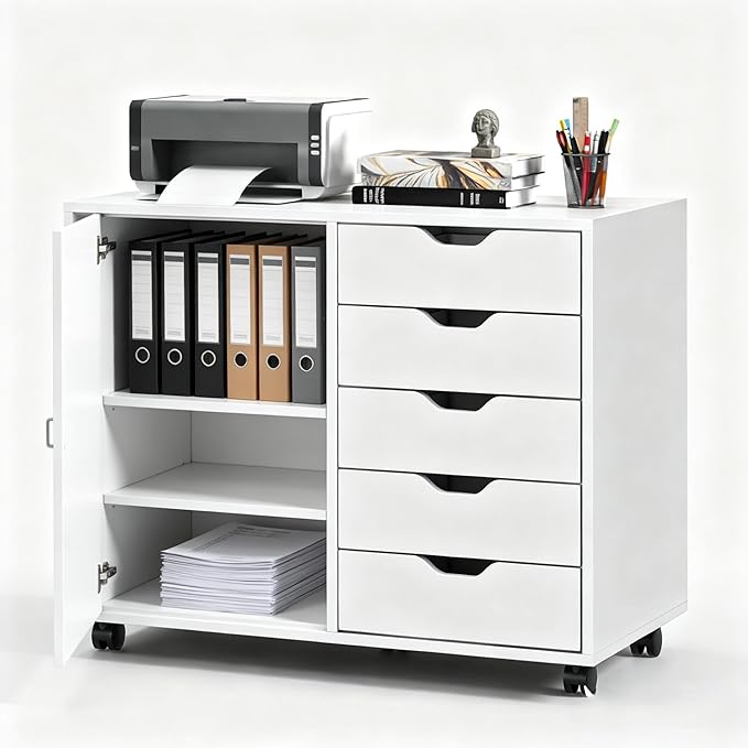 5-Drawer Wood Drawer Cabinet, Office Storage Cabinet with Adjustable Shelf & Wheels, Printer Stand for Home Office, White, 15.7" D x 30.7" W x 25.4" H