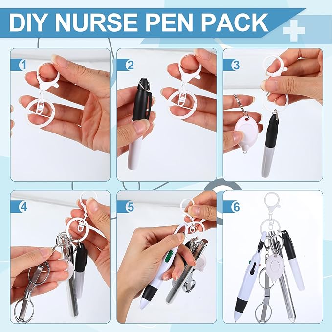 6 Pcs Nurse Pens for Badge Set,Nurse Badge Accessories with Reel Pen,Nursing Accessories Healthcare with Pens,Highlighter and Permanent Marker Pen and Led Keychain Foldable Scissors(White)