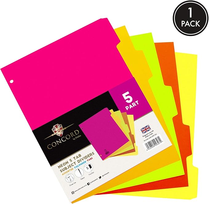 Pukka Pad, 5 Dividers, Binder Notebook File Page Separators, 1 Pack of 5 Tab Set, 8 ½ x 11 in. Neon Colors