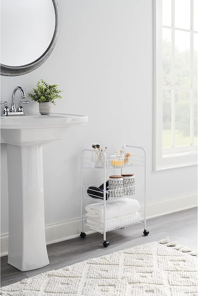 Rubbermaid 3-Tier Shelving Wheeled Organizer, Wire Adjustable Metal Storage Cart, for Office/Kitchen/Bedroom/Laundry Home Use, White