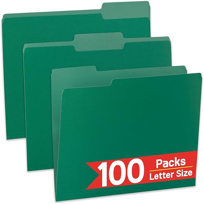 100 Packs File Folders,Green Folder,1/3-Cut Tabs,File Folders Letter Size,8.5x11 Inch File Folder for Office,School and Home,Organizer Documents