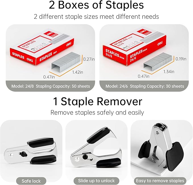 Deli Effortless Desktop Stapler, Heavy Duty Stapler, 40-50 Sheet Capacity, One Finger, No Effort, Includes Staples & Staple Remover, Black
