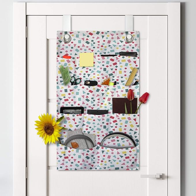 Ambesonne Geometric Hanging Pocket Organizer, Layout of Scattered Geometric Mini Colorful Shapes on a Plain Background, Printed Polyester Storage Bag with Pockets, 21" x 31", White Multicolor