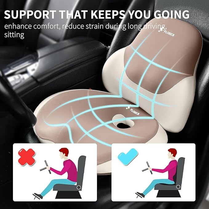 FLORICH Seat Cushion and Lumbar Support Pillow for Office Chair Car Neck Headrest Pillow 100% Memory Foam Seat Pads Pressure Relief Back Cushion and Carseat Pads(Brown)