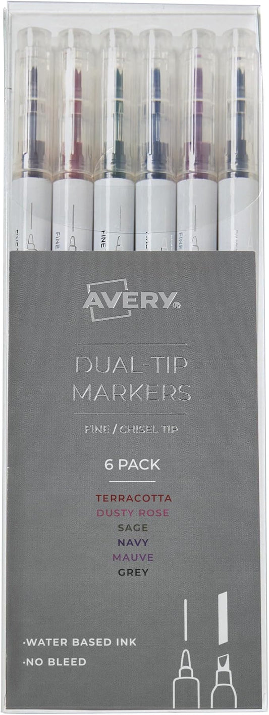 Avery Dual Tip Markers, Fine Tip Marker and Chisel Tip Marker, Quick-Drying Water-Based Markers, Muted Neutral Colors, Ideal Planner Markers and Bullet Journal Markers, 6-Pack (25003)