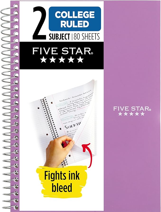 Five Star Spiral Notebook, 2 Subject, College Ruled Paper, 6" x 9-1/2", 80 Sheets, Fights Ink Bleed, Water Resistant Cover, Amethyst Purple (840029CF1-ECM)