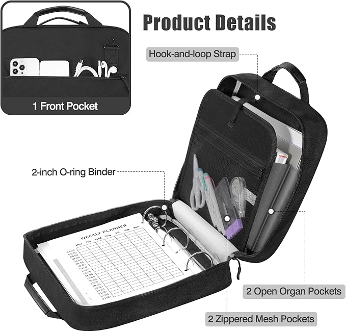 MoKo Zipper Binder, 2 Inch 3 Ring Binder with 500 Sheets Capacity & Shoulder Strap & Handle, Multi-Pocket Zipper Organizer for Middle School, Black