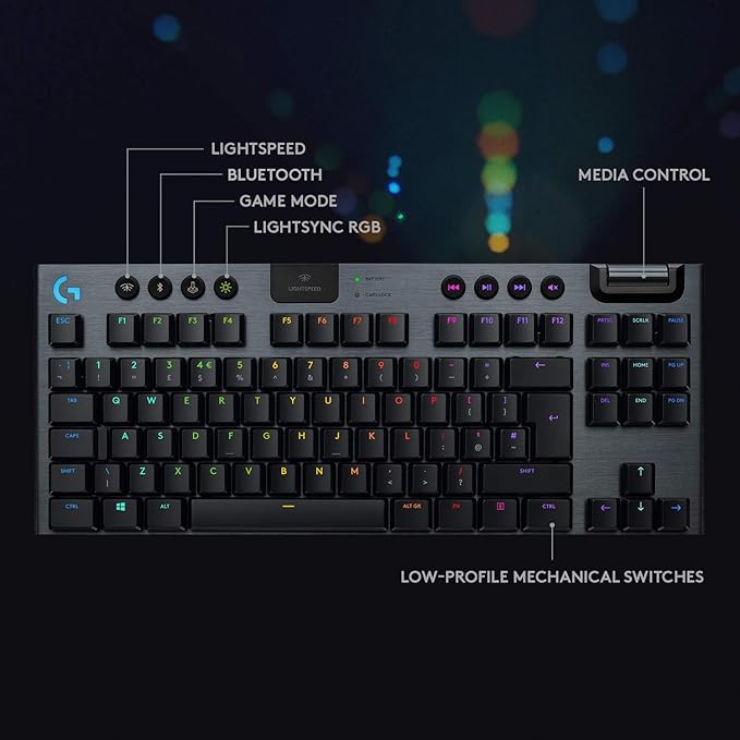 Logitech G915 TKL Tenkeyless Lightspeed Wireless RGB Mechanical Gaming Keyboard, Low Profile Switch Options, Lightsync RGB, Advanced Wireless and Bluetooth Support - Tactile,Black
