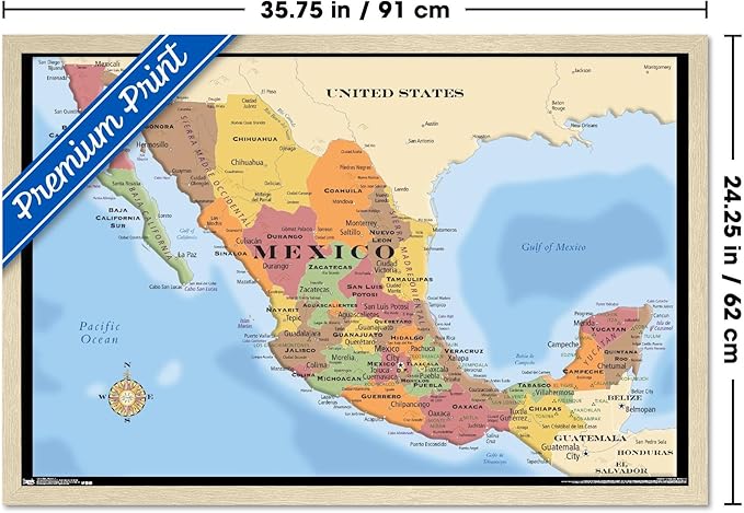 Map - Mexico Wall Poster, 34L" x 22.4W", Blonde Framed Version
