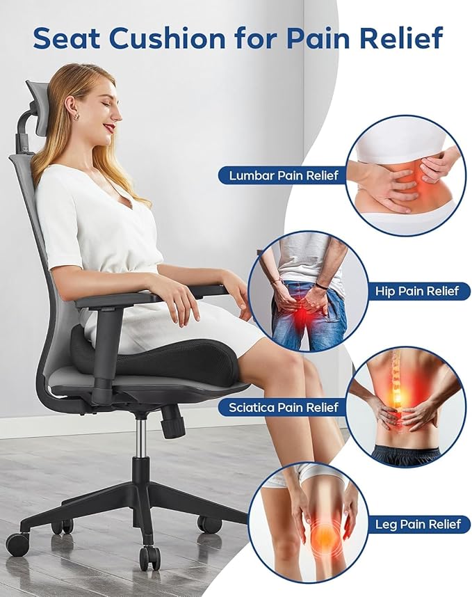 Feagar Office Chair Cushion for Sciatica & Tailbone Pain Relief – Extra Thick Memory Foam Seat Cushion for Long Sitting, Desk Chair & Wheelchair, Non-Slip Bottom, Ideal