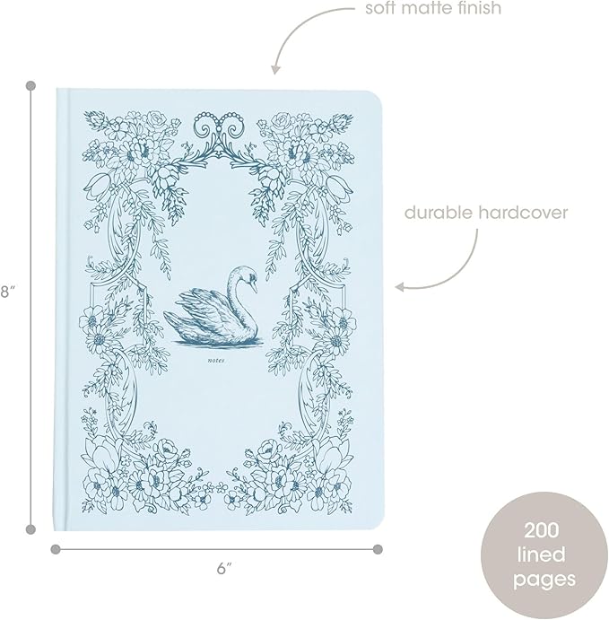 Pearhead Hardcover Journal Notebook 6x8 – Blue Swan College-Ruled Writing Journal with 200 Lined Pages for Notes, Work & Journaling