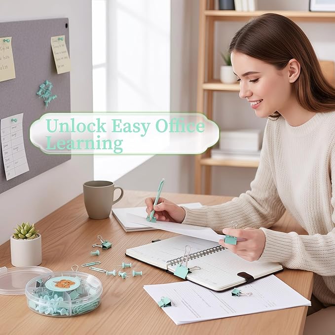 45 Pcs Metal Binder Clips Set with Pushpins,Cute Green Desk Supplies Multi-Size Binder Clips,Glossy Tacks, and Reusable Paper Clips.Portable case for School/Office.Perfect Green Desk Accessory Gift