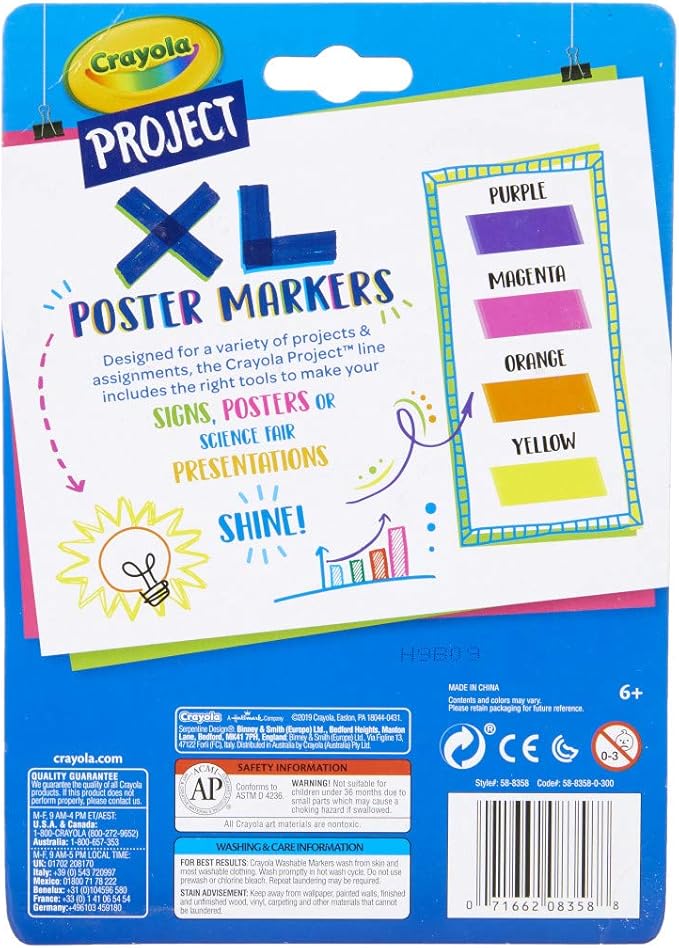 Crayola XL Poster Markers, Assorted Bright Colors, School Supplies, 4Count