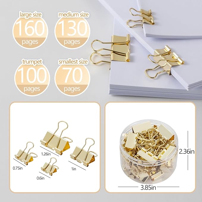 Binder Clip Paper Clamps, Assorted Sizes (Mini, Small, Medium, Large), 100 Pcs Clips for Office School Supplies (Gold)