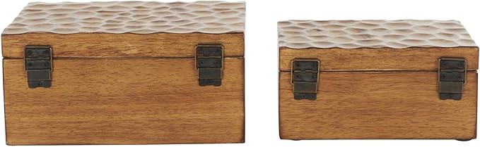 Deco 79 Wood Geometric Decorative Box Textured Concave Honeycomb Storage Decorative Keepsake Boxes with Black Knobs, Set of 2 Storage Boxes 10", 8"W, Brown
