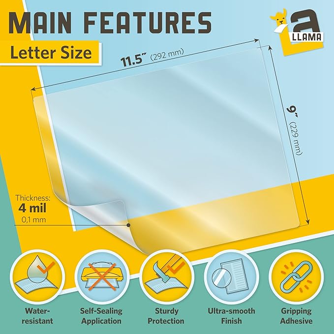 Self Adhesive Lamination Sheets, 9 x 11.5 Inches, 4 Mil Thick, Suited for Letter Size Self Seal Laminating Sheets 8.5 x 11, 20 Pack