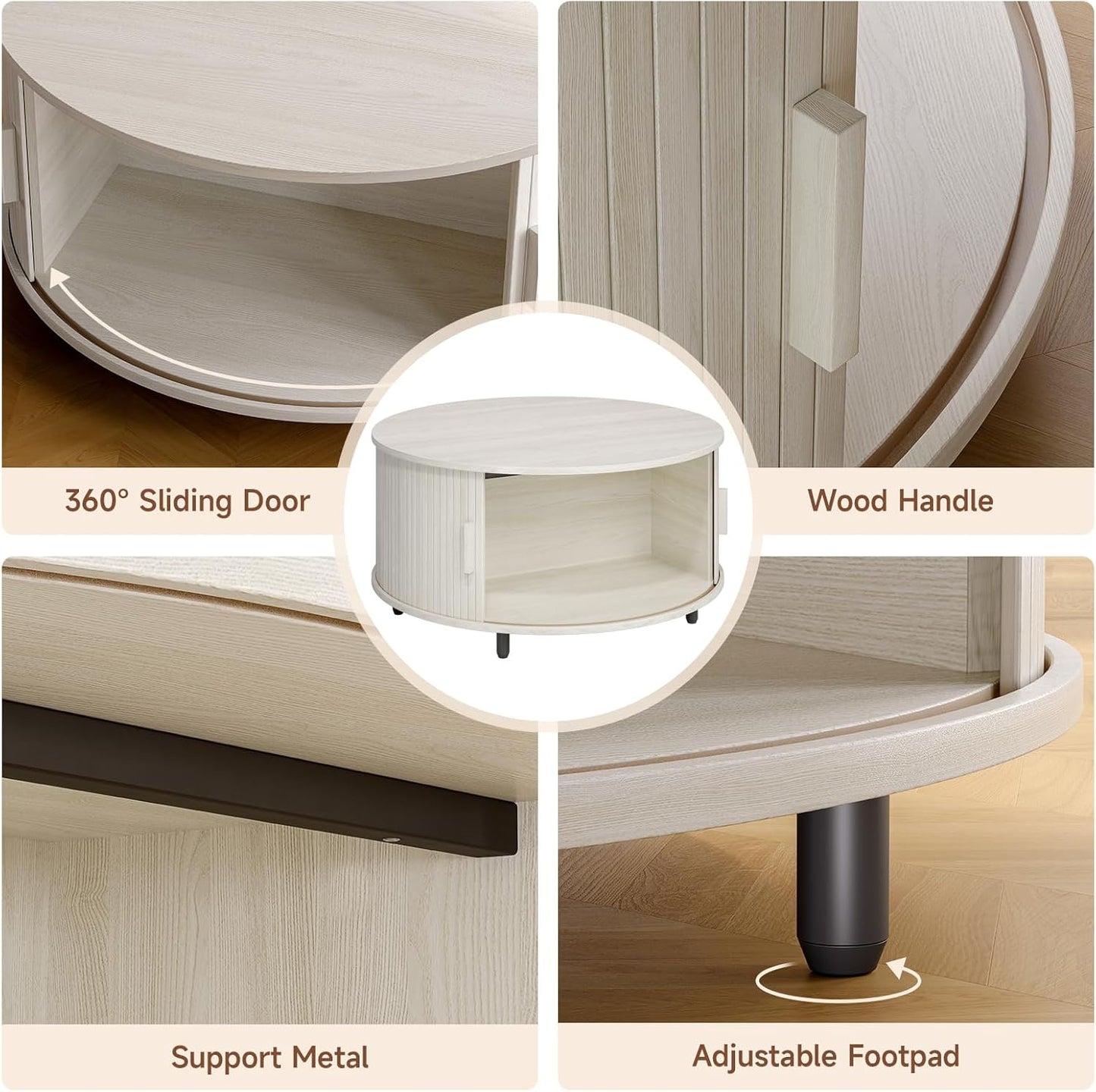 Round Coffee Table with Storage, 31.5" Modern Coffee Table with 360° Curved Sliding Door, Fluted Wood Coffee Table with Adjustable Footpads, Round Center Table for Living Room, Natural White