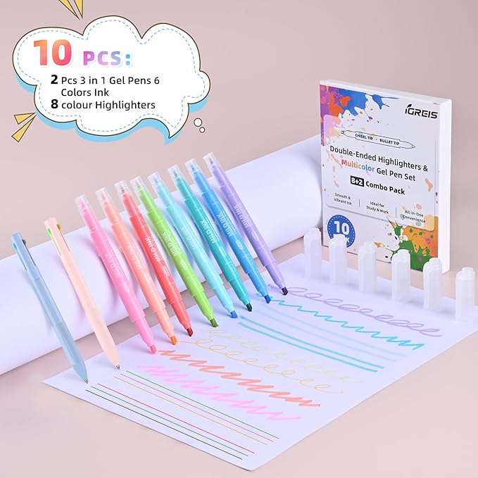 Dual Tip Aesthetic Highlighters 8 Colors and 2 Pcs 3 in 1 Multicolor Gel Pens 6 Colors Ink, Chisel & Fine Tips, No Bleed, Cute Bible Highlighters Assorted Colors for Journaling Textbook