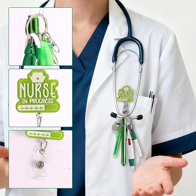 Student Nurse Pen Set Badge Reel Holder Accessories Clip, Retractable Mini Nursing Pen & Light Tool Set， Highlighter pens and Highlighter pens（Green）
