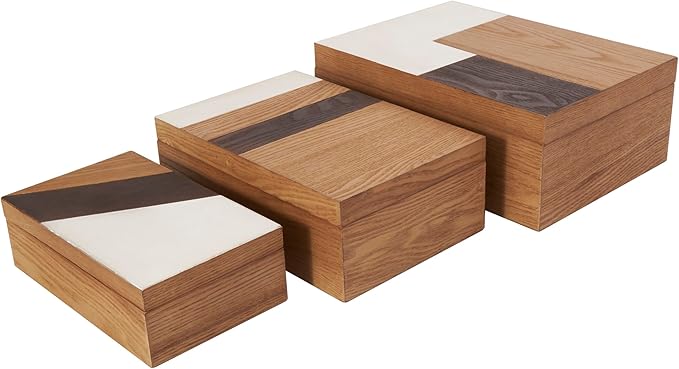 Deco 79 Wooden Geometric Decorative Box Decorative Keepsake Boxes with Cream and Dark Brown Stripes, Set of 3 Storage Boxes 14", 12", 10"W, Brown
