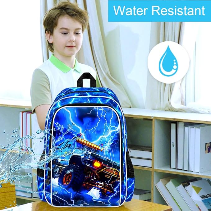 KLFVB 3PCS Kids Backpack Set, 17" Boys Truck Bookbag and Lunch Box, Water Resistant School Backpacks for Teenagers Middle Elementary - Lightning Truck