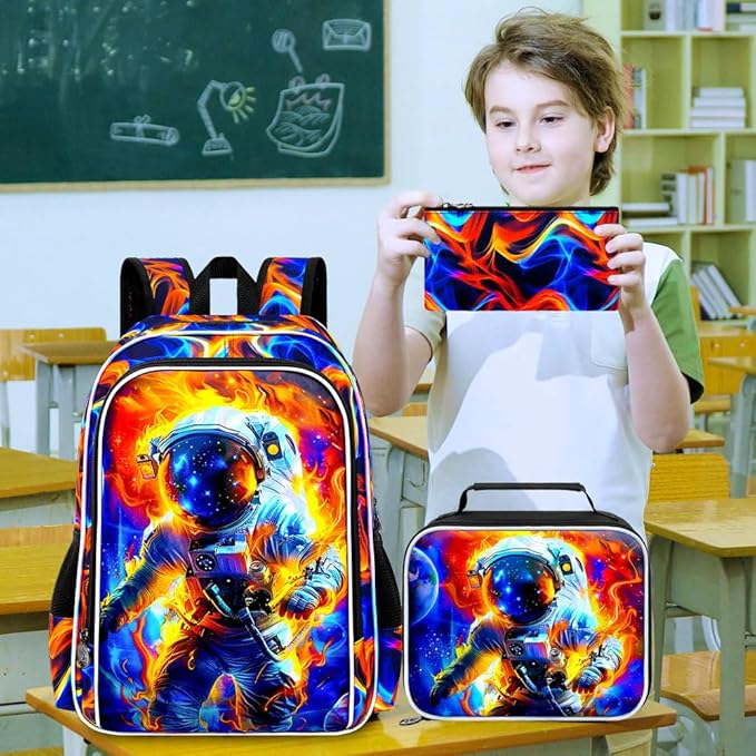 KLFVB 3PCS School Backpack for Kids, 17" Astronaut Backpack and Lunch Box, Water Resistant Teenagers School Backpacks for Middle Elementary - Flame Space Adventure