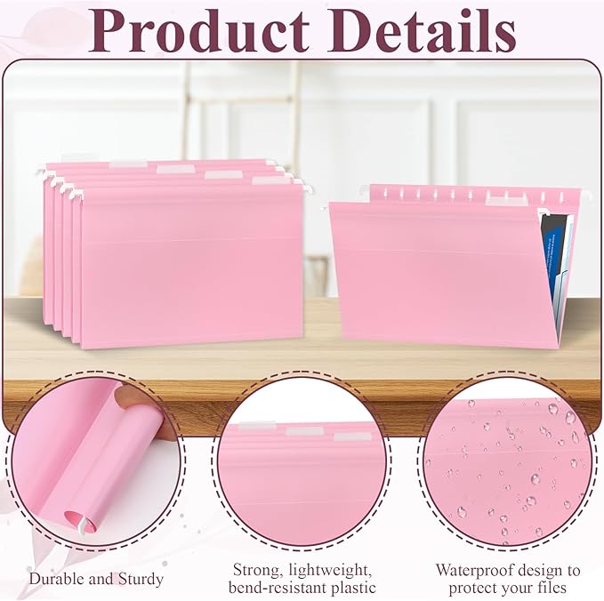 Letter Size Pink Hanging File Folders Hanging Document Folder Plastic Transparent Hanging File Folder for File Cabinets Document Filing (20, Pink)